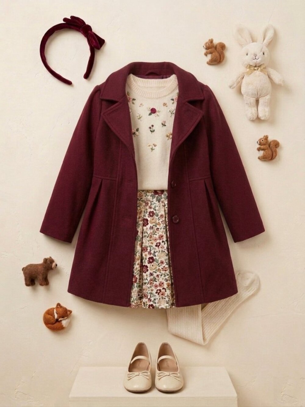 Girls' Classic burgundy Double-Breasted Wool-Blend Coat-Size 12